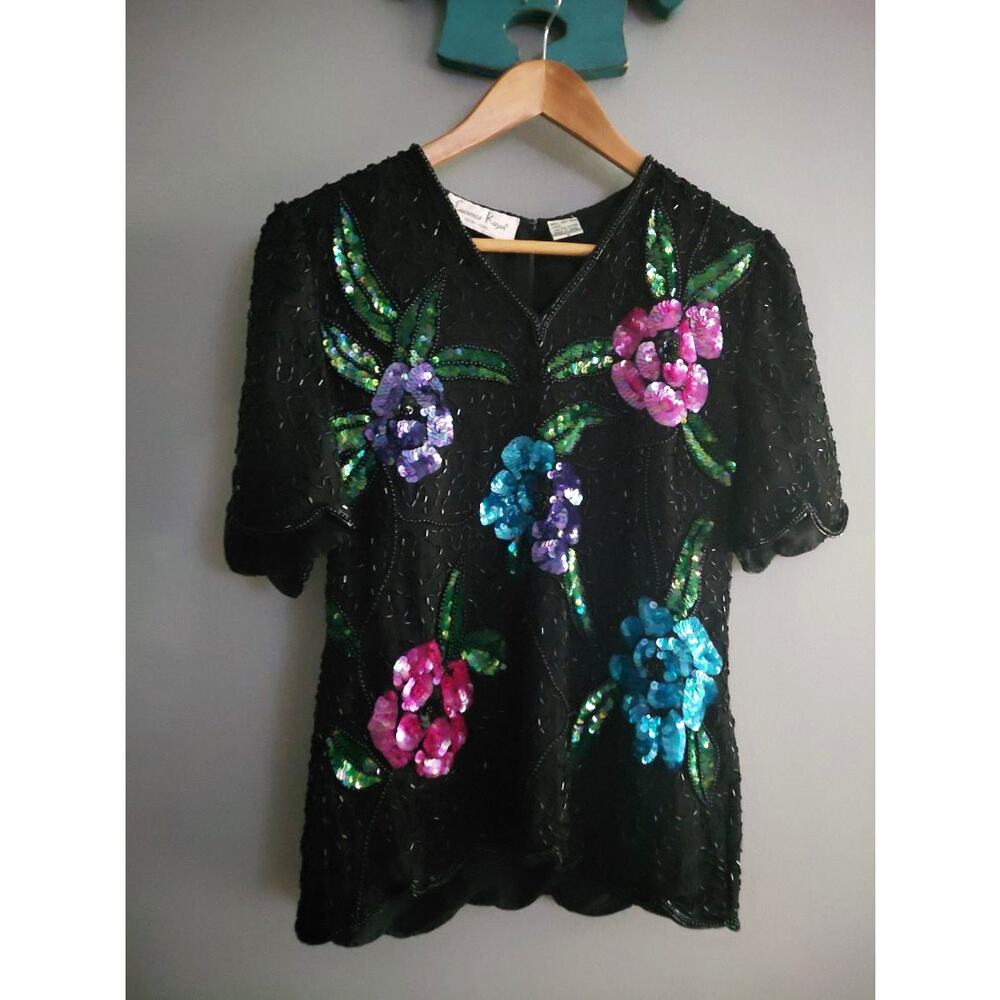 Vintage Lawrence Kazar Beaded Silk Top Floralcore Whimsygoth Small